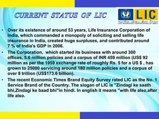 • Over its existence of around 53 years, Life Insurance Corporation of
  India, which commanded a monopoly of soliciting and selling life
  insurance in India, created huge surpluses, and contributed around
  7 % of India's GDP in 2006.
• The Corporation, which started its business with around 300
  offices, 5.6 million policies and a corpus of INR 459 million (US$ 92
  million as per the 1959 exchange rate of roughly Rs. 5 for a US $ , has
  grown to 25000 servicing around 180 million policies and a corpus of
  over 8 trillion (US$173.6 billion).
• The recent Economic Times Brand Equity Survey rated LIC as the No. 1
  Service Brand of the Country. The slogan of LIC is "Zindagi ke saath
  bhi,Zindagi ke baad bhi"in hindi. In english it means "with life also,after
  life also.
 