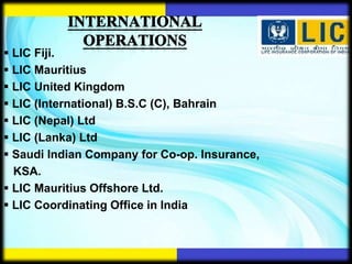  LIC Fiji.
 LIC Mauritius
 LIC United Kingdom
 LIC (International) B.S.C (C), Bahrain
 LIC (Nepal) Ltd
 LIC (Lanka) Ltd
 Saudi Indian Company for Co-op. Insurance,
  KSA.
 LIC Mauritius Offshore Ltd.
 LIC Coordinating Office in India
 
