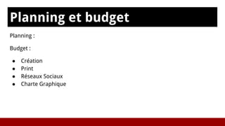 Planning et budget
sPlanning :
Budget :
● Création
● Print
● Réseaux Sociaux
● Charte Graphique
 