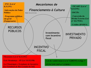 INCENTIVO FISCAL Mecanismos de  Financiamento à Cultura Fonte:  Fábio de Sá Cesnik INVESTIMENTO PRIVADO Investimento com Incentivo fiscal RECURSOS PÚBLICOS FNC (Lei nº 8.313/91) Subvenções do Poder Público Programas públicos em geral (Fumproarte) Lei do Audiovisual (Lei nº 8.685/93)-Artigo 1º FUNCINE (MP nº 2.228/01) Mecenato (Lei nº 8.313/91) Leis Mendonça – SP (Lei 10.923/90) Lei Municipais e Estaduais de Incentivo (Lei Estadual do Rio Grande do Sul) FICART (Lei nº 8.313/91) OSCIPs Conversão da Dívida Externa (Lei nº 10.179/01) Crédito (BNDES) 