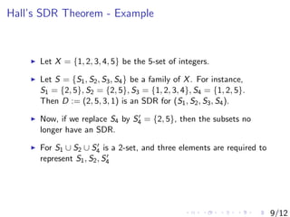 Hall’s SDR Theorem - Example
Let X = {1, 2, 3, 4, 5} be the 5-set of integers.
Let S = {S1, S2, S3, S4} be a family of X. ...