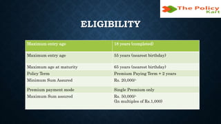 ELIGIBILITY
Maximum entry age 18 years (completed)
Maximum entry age 55 years (nearest birthday)
Maximum age at maturity 65 years (nearest birthday)
Policy Term Premium Paying Term + 2 years
Minimum Sum Assured Rs. 20,000/-
Premium payment mode Single Premium only
Maximum Sum assured Rs. 50,000/-
(In multiples of Rs.1,000)
 