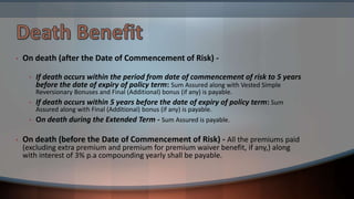 • On death (after the Date of Commencement of Risk) -
• If death occurs within the period from date of commencement of risk to 5 years
before the date of expiry of policy term: Sum Assured along with Vested Simple
Reversionary Bonuses and Final (Additional) bonus (if any) is payable.
• If death occurs within 5 years before the date of expiry of policy term: Sum
Assured along with Final (Additional) bonus (if any) is payable.
• On death during the Extended Term - Sum Assured is payable.
• On death (before the Date of Commencement of Risk) - All the premiums paid
(excluding extra premium and premium for premium waiver benefit, if any,) along
with interest of 3% p.a compounding yearly shall be payable.
 