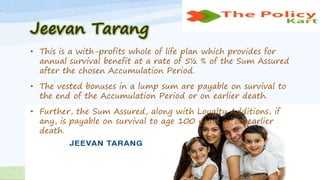 Jeevan Tarang
• This is a with-profits whole of life plan which provides for
annual survival benefit at a rate of 5½ % of the Sum Assured
after the chosen Accumulation Period.
• The vested bonuses in a lump sum are payable on survival to
the end of the Accumulation Period or on earlier death.
• Further, the Sum Assured, along with Loyalty Additions, if
any, is payable on survival to age 100 years or on earlier
death.
 