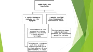 Importación como
negociación
1. Permite vender un
producto con valor
agregado.
Cuando se habla de valor
agregado, se refiere a
transformar una materia
prima en producto
terminado.
Esto quiere decir que en un
país tiene un precio
irrisorio transportado al
territorio aduanero de otro
país incrementa su precio.
2. Permite satisfacer
necesidades que los
consumidores tienen:
Sea de productos nuevos,
productos de moda o
productos que simplemente
requiere el mercado.
 