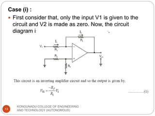 KONGUNADU COLLEGE OF ENGINEERING
AND TECHNOLOGY (AUTONOMOUS)
13
Case (i) :
 First consider that, only the input V1 is given to the
circuit and V2 is made as zero. Now, the circuit
diagram is changed as shown in figure.
 