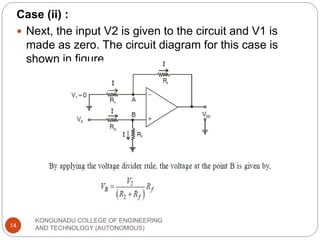 KONGUNADU COLLEGE OF ENGINEERING
AND TECHNOLOGY (AUTONOMOUS)
14
Case (ii) :
 Next, the input V2 is given to the circuit and V1 is
made as zero. The circuit diagram for this case is
shown in figure
 