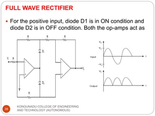 FULL WAVE RECTIFIER
KONGUNADU COLLEGE OF ENGINEERING
AND TECHNOLOGY (AUTONOMOUS)
39
 For the positive input, diode D1 is in ON condition and
diode D2 is in OFF condition. Both the op-amps act as
inverter and V0 = Vi.
 
