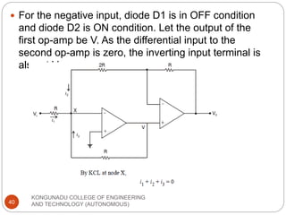 KONGUNADU COLLEGE OF ENGINEERING
AND TECHNOLOGY (AUTONOMOUS)
40
 For the negative input, diode D1 is in OFF condition
and diode D2 is ON condition. Let the output of the
first op-amp be V. As the differential input to the
second op-amp is zero, the inverting input terminal is
also at V.
 