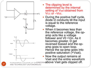 KONGUNADU COLLEGE OF ENGINEERING
AND TECHNOLOGY (AUTONOMOUS)
47
 The clipping level is
determined by the internal
setting of Vset obtained from
VCC or –VEE.
 During the positive half cycle,
diode D conducts till the input
is equal to the reference
voltage.
 When it becomes less than
the reference voltage, the op-
amp acts like a voltage
follower and V0 =Vin. As it
becomes greater, D get
reversed biased and the op-
amp goes to open loop.
Hence the op-amp goes into
positive saturation (+Vsat).
 Now the output remains at
Vset and the entire waveform
above Vset gets clipped off.
 