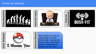 Teorias da LiderançaTeoriaSituacional
TeoriadosTraços
Teoriado
Comportamento
TeoriaAtribuição
Não importa se o líder já
nasceu líder ou se se
formou líder, mas que ele
tenha muito carisma para
cativar e influenciar as
pessoas ao seu redor
TeoriadoCarisma
 