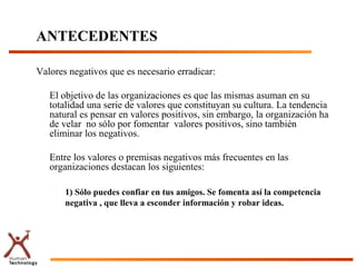 ANTECEDENTES
Valores negativos que es necesario erradicar:
El objetivo de las organizaciones es que las mismas asuman en su
totalidad una serie de valores que constituyan su cultura. La tendencia
natural es pensar en valores positivos, sin embargo, la organización ha
de velar no sólo por fomentar valores positivos, sino también
eliminar los negativos.
Entre los valores o premisas negativos más frecuentes en las
organizaciones destacan los siguientes:
– 1) Sólo puedes confiar en tus amigos. Se fomenta así la competencia
negativa , que lleva a esconder información y robar ideas.
 
