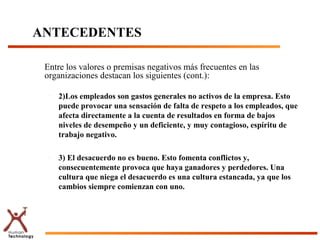 ANTECEDENTES
Entre los valores o premisas negativos más frecuentes en las
organizaciones destacan los siguientes (cont.):
– 2)Los empleados son gastos generales no activos de la empresa. Esto
puede provocar una sensación de falta de respeto a los empleados, que
afecta directamente a la cuenta de resultados en forma de bajos
niveles de desempeño y un deficiente, y muy contagioso, espíritu de
trabajo negativo.
– 3) El desacuerdo no es bueno. Esto fomenta conflictos y,
consecuentemente provoca que haya ganadores y perdedores. Una
cultura que niega el desacuerdo es una cultura estancada, ya que los
cambios siempre comienzan con uno.
 