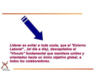 Liderar es evitar a toda costa, que el “EntornoLiderar es evitar a toda costa, que el “Entorno
Laboral” , (el día a día), descapitalice elLaboral” , (el día a día), descapitalice el
“Vínculo” fundamental que mantiene unidos y“Vínculo” fundamental que mantiene unidos y
orientados hacia un único objetivo global, aorientados hacia un único objetivo global, a
todos los colaboradores.todos los colaboradores.
 