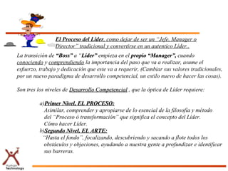 El Proceso del Líder, como dejar de ser un “Jefe, Manager o
Director” tradicional y convertirse en un autentico Líder..
La transición de “Boss”“Boss” a “Líder”Líder” empieza en el propio “Manager”,propio “Manager”, cuando
conociendo y comprendiendo la importancia del paso que va a realizar, asume el
esfuerzo, trabajo y dedicación que este va a requerir, (Cambiar sus valores tradicionales,
por un nuevo paradigma de desarrollo competencial, un estilo nuevo de hacer las cosas).
Son tres los niveles de Desarrollo CompetencialDesarrollo Competencial , que la óptica de Líder requiere:
a)Primer Nivel, EL PROCESO:Primer Nivel, EL PROCESO:
Asimilar, comprender y apropiarse de lo esencial de la filosofía y método
del “Proceso ó transformación” que significa el concepto del Líder.
Cómo hacer Líder.
b)Segundo Nivel, EL ARTE:Segundo Nivel, EL ARTE:
“Hasta el fondo”, focalizando, descubriendo y sacando a flote todos los
obstáculos y objeciones, ayudando a nuestra gente a profundizar e identificar
sus barreras.
 