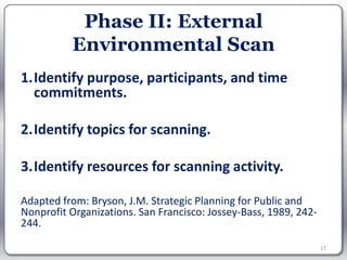 Phase II: External
          Environmental Scan
1.Identify purpose, participants, and time
  commitments.

2.Identify topics for scanning.

3.Identify resources for scanning activity.

Adapted from: Bryson, J.M. Strategic Planning for Public and
Nonprofit Organizations. San Francisco: Jossey-Bass, 1989, 242-
244.

                                                                  17
 