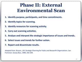 Phase II: External
                Environmental Scan
1. Identify purpose, participants, and time commitments.
2. Identify topics for scanning.
3. Identify resources for scanning activity.
4. Carry out scanning activities.
5. Analyze and interpret the strategic importance of issues and trends.
6. Select issues and trends for further action.
7. Report and disseminate results.

Adapted from: Bryson, J.M. Strategic Planning for Public and Nonprofit Organizations. San
Francisco: Jossey-Bass, 1989, 242-244.


                                                                                            19
 