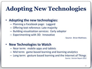Adopting New Technologies
• Adopting the new technologies:
  –   Planning a Facebook page: Laggard
  –   Offering text reference: Late majority
  –   Building visualization services: Early adoptor
  –   Experimenting with 3D: Innovative
                                                   Source: Brian Mathews


• New Technologies to Watch
  – Near term: mobile apps and tablets
  – Mid term: game based learning and learning analytics
  – Long term: gesture based learning and the Internet of Things
                                                   Source: Horizon Report 2012



                                                                            24
 