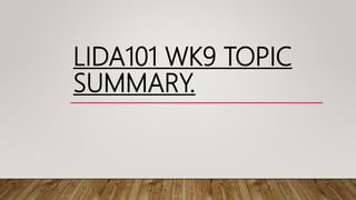 LIDA101 WK9 TOPIC
SUMMARY.
 