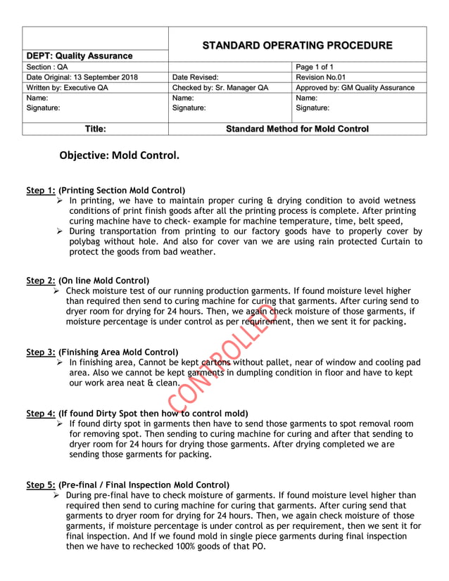 Mold control procedure sop for RMG QA What kills black mold naturally