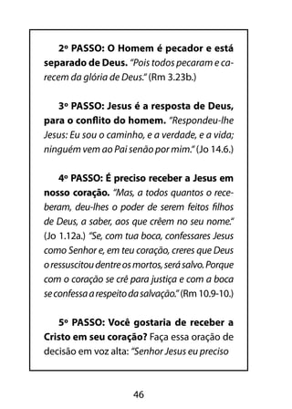 46
2º PASSO: O Homem é pecador e está
separado de Deus. “Pois todos pecaram e ca-
recem da glória de Deus.“ (Rm 3.23b.)
3º PASSO: Jesus é a resposta de Deus,
para o conflito do homem. “Respondeu-lhe
Jesus: Eu sou o caminho, e a verdade, e a vida;
ninguém vem ao Pai senão por mim.“ (Jo 14.6.)
4º PASSO: É preciso receber a Jesus em
nosso coração. “Mas, a todos quantos o rece-
beram, deu-lhes o poder de serem feitos filhos
de Deus, a saber, aos que crêem no seu nome.“
(Jo 1.12a.) “Se, com tua boca, confessares Jesus
como Senhor e, em teu coração, creres que Deus
oressuscitoudentreosmortos,serásalvo.Porque
com o coração se crê para justiça e com a boca
seconfessaarespeitodasalvação.”(Rm10.9-10.)
5º PASSO: Você gostaria de receber a
Cristo em seu coração? Faça essa oração de
decisão em voz alta: “Senhor Jesus eu preciso
 