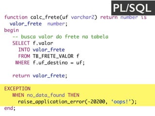 function calc_frete(uf varchar2) return number is
valor_frete number;
begin
-- busca valor do frete na tabela
SELECT f.valor
INTO valor_frete
FROM TB_FRETE_VALOR f
WHERE f.uf_destino = uf;
return valor_frete;
EXCEPTION
WHEN no_data_found THEN
raise_application_error(-20200, ‘oops!’);
end;
PL/SQL
 