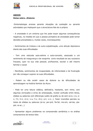 ESCOL A P R O F I S S IONAL D E A V E I R O 
União Europeia 
Fundo Social Europeu 
ANEXOS 
Notas sobre…Dislexia: 
-Sintomatologia ansiosa perante situações de avaliação ou perante 
actividades que impliquem que o aluno/aluna fale de si próprio 
- A ansiedade é um sintoma que lhe pode trazer algumas consequências 
negativas, na medida em que a pessoa portadora de ansiedade pode tomar 
decisões precipitadas e, muitas vezes, inconsequentes 
- Sentimentos de tristeza e de auto-culpabilização, uma atitude depressiva 
diante das suas dificuldades 
- Tem uma reduzida auto-estima e auto-conceito, associado a um 
sentimento de insegurança e de vergonha como resultado do seu sucessivo 
fracasso, quer na sua vida pessoal, profissional, escolar e até mesmo 
familiar e social 
- Manifesta, sentimentos de incapacidade, de inferioridade e de frustração 
por não conseguir superar as suas dificuldades. 
- Podem ou não existir casos de dislexia ou de dificuldades de 
aprendizagem na história familiar do Aluno 
- Pode ter uma leitura silábica, deficitária, hesitante, sem ritmo, com 
algumas correcções e erros de antecipação, revelar confusão entre letras, 
sílabas ou palavras com diferenças subtis de grafia ou de som (a-o; c-o; e-c; 
f-t; h-n; m-n; v-u; f-v; ch-j; p-t; v-z;…). Fazer inversões parciais ou 
totais de sílabas ou palavras (ai-ia; per-pré; fla-fal; me-em; sal-las; pla-pal; 
ra-ar;…) 
- Apresentar alguns problemas na compreensão semântica e na análise 
compreensiva de textos lidos 
 