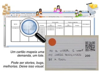 Um cartão mapeia uma demanda, um lote. Pode ser stories, bugs, melhorias. Deixe isso visual. 