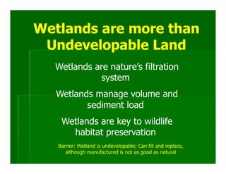Wetlands are more than
 Undevelopable Land
  Wetlands are nature’s filtration
            system
   Wetlands manage volume and
          sediment load
    Wetlands are key to wildlife
      habitat preservation
   Barrier: Wetland is undevelopable; Can fill and replace,
      although manufactured is not as good as natural
 