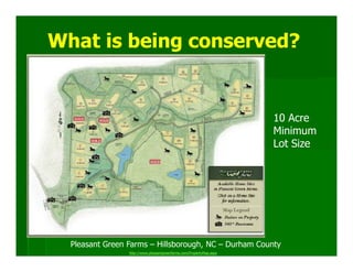 What is being conserved?


                                                                      10 Acre
                                                                      Minimum
                                                                      Lot Size




  Pleasant Green Farms – Hillsborough, NC – Durham County
                 http://www.pleasantgreenfarms.com/PropertyMap.aspx
 