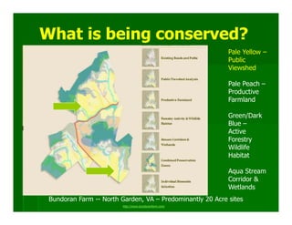 What is being conserved?
                                                           Pale Yellow –
                                                           Public
                                                           Viewshed

                                                           Pale Peach –
                                                           Productive
                                                           Farmland

                                                           Green/Dark
                                                           Blue –
                                                           Active
                                                           Forestry
                                                           Wildlife
                                                           Habitat

                                                           Aqua Stream
                                                           Corridor &
                                                           Wetlands
 Bundoran Farm -- North Garden, VA – Predominantly 20 Acre sites
                         http://www.bundoranfarm.com/
 