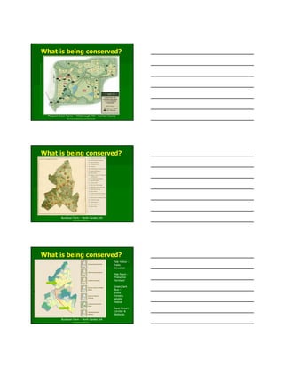 What is being conserved?What is being conserved?
Pleasant Green Farms – Hillsborough, NC – Durham County
http://www.pleasantgreenfarms.com/PropertyMap.aspx
What is being conserved?What is being conserved?
Bundoran Farm -- North Garden, VA
http://www.bundoranfarm.com/
What is being conserved?What is being conserved?
Bundoran Farm -- North Garden, VA
http://www.bundoranfarm.com/
Pale Yellow –
Public
Viewshed
Pale Peach –
Productive
Farmland
Green/Dark
Blue –
Active
Forestry
Wildlife
Habitat
Aqua Stream
Corridor &
Wetlands
 