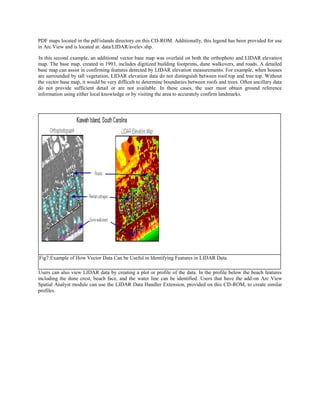 PDF maps located in the pdf/islands directory on this CD-ROM. Additionally, this legend has been provided for use
in Arc View and is located at: data/LIDAR/avelev.shp.
In this second example, an additional vector base map was overlaid on both the orthophoto and LIDAR elevation
map. The base map, created in 1993, includes digitized building footprints, dune walkovers, and roads. A detailed
base map can assist in confirming features detected by LIDAR elevation measurements. For example, when houses
are surrounded by tall vegetation, LIDAR elevation data do not distinguish between roof top and tree top. Without
the vector base map, it would be very difficult to determine boundaries between roofs and trees. Often ancillary data
do not provide sufficient detail or are not available. In these cases, the user must obtain ground reference
information using either local knowledge or by visiting the area to accurately confirm landmarks.
Fig7:Example of How Vector Data Can be Useful in Identifying Features in LIDAR Data
Users can also view LIDAR data by creating a plot or profile of the data. In the profile below the beach features
including the dune crest, beach face, and the water line can be identified. Users that have the add-on Arc View
Spatial Analyst module can use the LIDAR Data Handler Extension, provided on this CD-ROM, to create similar
profiles.
 