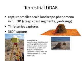 Terrestrial LiDAR
• capture smaller-scale landscape phenomena
in full 3D (steep coast segments, yardrangs)
• Time-series captures
• 360° capture
Image courtesy:
Using Terrestrial Light Detection
and Ranging (Lidar) Technology
for Land-surface Analysis in the
Southwest, Soulard, C.E. and
Bogle, R.C. and Western
Geographic Science Center and
Geological Survey (U.S.), Fact
Sheet, 2011

 