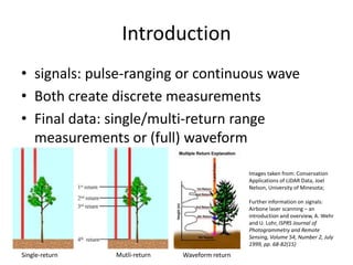 Introduction
• signals: pulse-ranging or continuous wave
• Both create discrete measurements
• Final data: single/multi-return range
measurements or (full) waveform
Images taken from: Conservation
Applications of LiDAR Data, Joel
Nelson, University of Minesota;
Further information on signals:
Airbone laser scanning – an
introduction and overview, A. Wehr
and U. Lohr, ISPRS Journal of
Photogrammetry and Remote
Sensing, Volume 54, Number 2, July
1999, pp. 68-82(15)

Single-return

Mutli-return

Waveform return

 