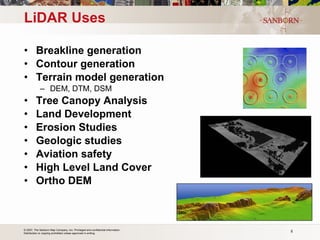 LiDAR Uses Breakline generation Contour generation Terrain model generation DEM, DTM, DSM Tree Canopy Analysis Land Development Erosion Studies Geologic studies Aviation safety High Level Land Cover Ortho DEM 