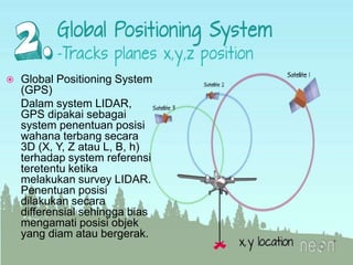  Global Positioning System
(GPS)
Dalam system LIDAR,
GPS dipakai sebagai
system penentuan posisi
wahana terbang secara
3D (X, Y, Z atau L, B, h)
terhadap system referensi
teretentu ketika
melakukan survey LIDAR.
Penentuan posisi
dilakukan secara
differensial sehingga bias
mengamati posisi objek
yang diam atau bergerak.
 