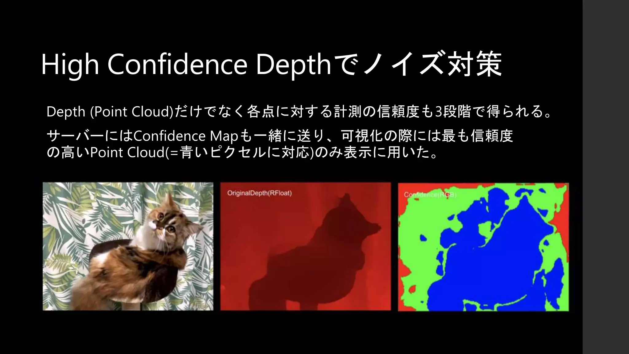 High Confidence Depthでノイズ対策
Depth (Point Cloud)だけでなく各点に対する計測の信頼度も3段階で得られる。
サーバーにはConfidence Mapも一緒に送り、可視化の際には最も信頼度
の高いPoint Cloud(=青いピクセルに対応)のみ表示に用いた。
 