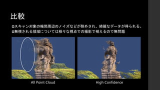 比較
スキャン対象の輪郭周辺のノイズなどが除外され、綺麗なデータが得られる。
無視される領域については様々な視点での撮影で補えるので無問題
All Point Cloud High Confidence
 