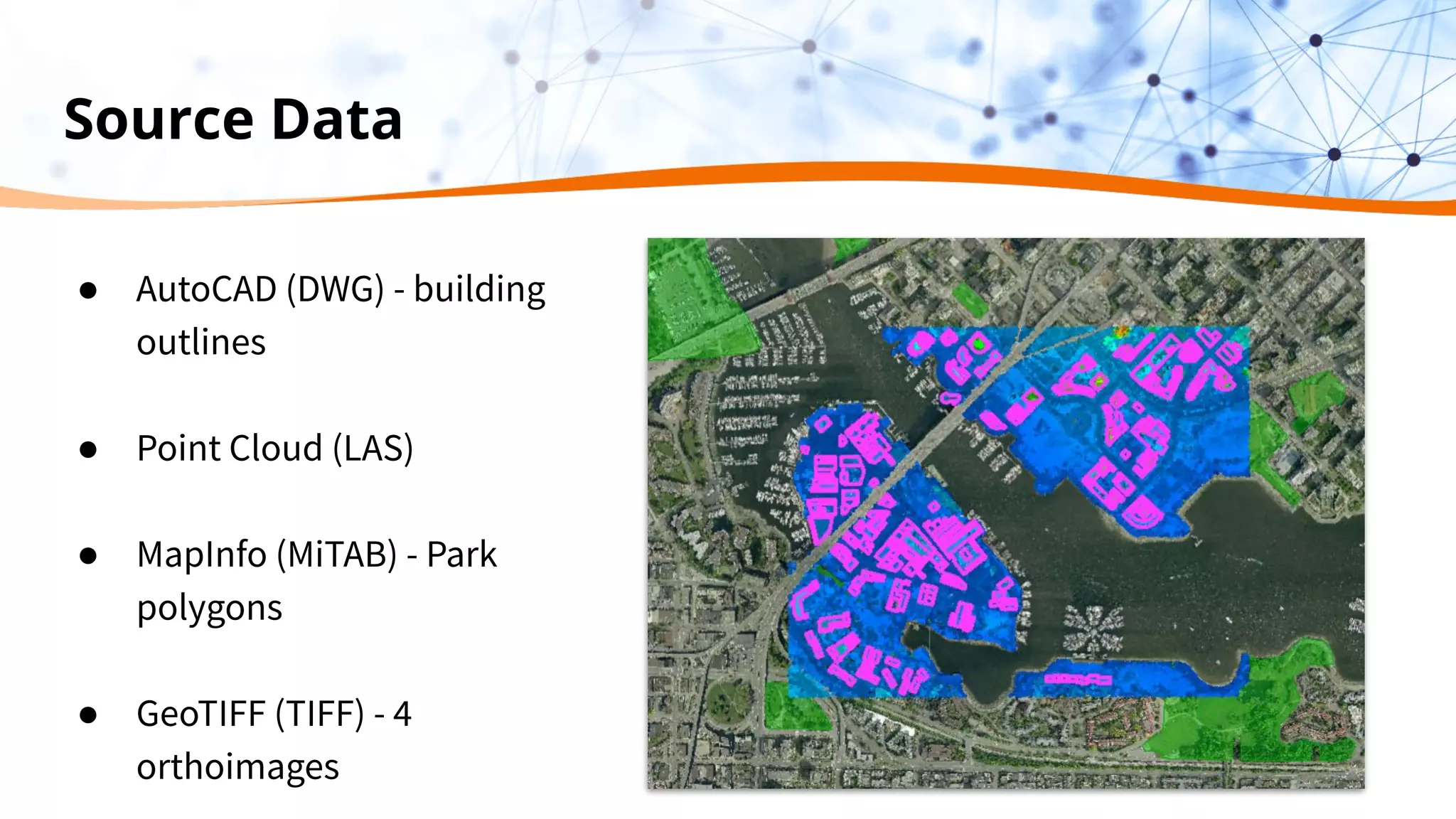 Source Data
● AutoCAD (DWG) - building
outlines
● Point Cloud (LAS)
● MapInfo (MiTAB) - Park
polygons
● GeoTIFF (TIFF) - 4
orthoimages
 