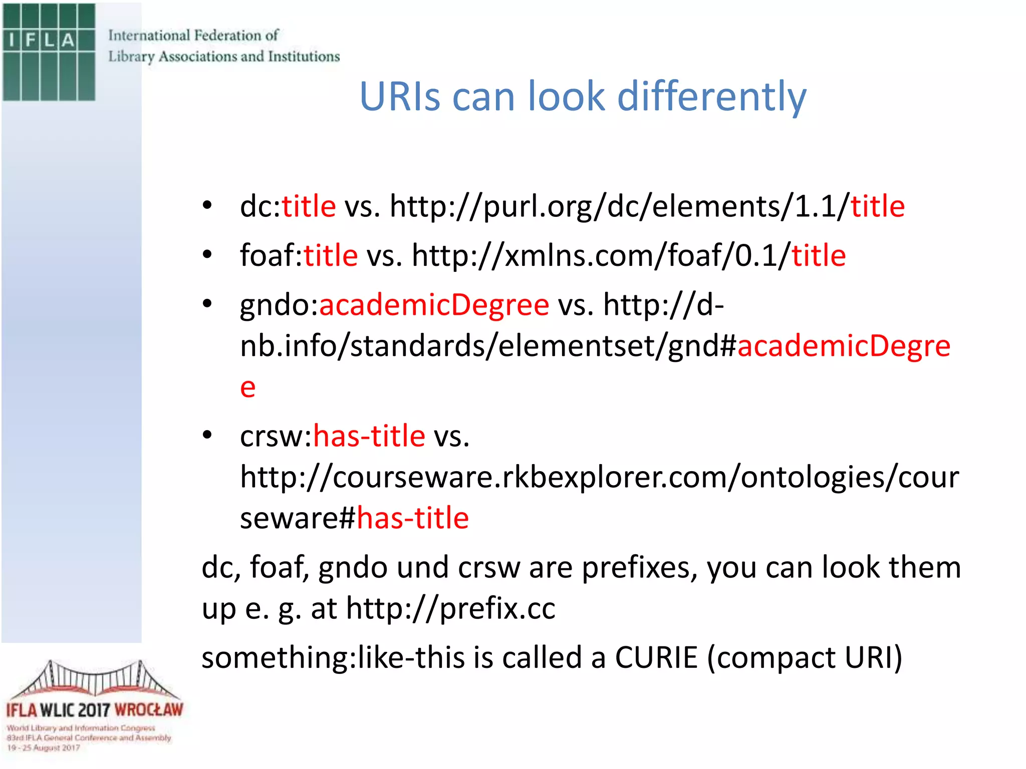 URIs can look differently
• dc:title vs. http://purl.org/dc/elements/1.1/title
• foaf:title vs. http://xmlns.com/foaf/0.1/title
• gndo:academicDegree vs. http://d-
nb.info/standards/elementset/gnd#academicDegre
e
• crsw:has-title vs.
http://courseware.rkbexplorer.com/ontologies/cour
seware#has-title
dc, foaf, gndo und crsw are prefixes, you can look them
up e. g. at http://prefix.cc
something:like-this is called a CURIE (compact URI)
 