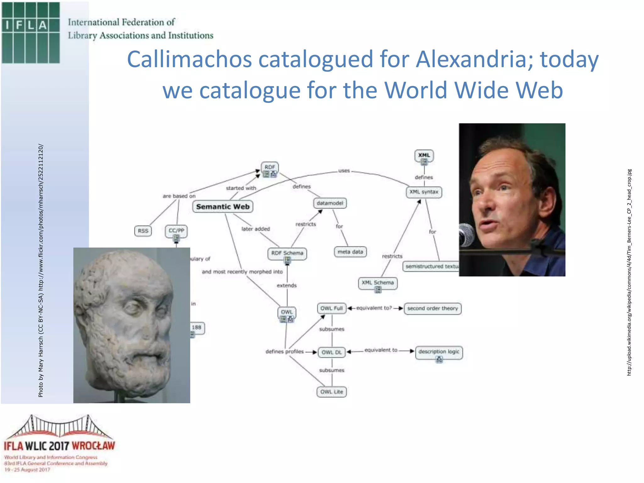 Callimachos catalogued for Alexandria; today
we catalogue for the World Wide Web
http://upload.wikimedia.org/wikipedia/commons/4/4d/Tim_Berners-Lee_CP_2_head_crop.jpg
PhotobyMaryHarrsch(CCBY-NC-SA)http://www.flickr.com/photos/mharrsch/2522112120/
 