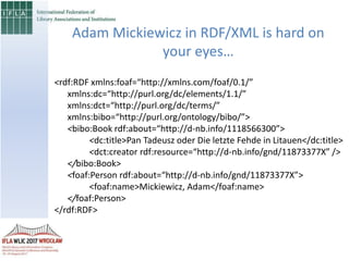 <rdf:RDF xmlns:foaf=“http://xmlns.com/foaf/0.1/”
xmlns:dc=“http://purl.org/dc/elements/1.1/”
xmlns:dct=“http://purl.org/dc/terms/”
xmlns:bibo=“http://purl.org/ontology/bibo/”>
<bibo:Book rdf:about=“http://d-nb.info/1118566300”>
<dc:title>Pan Tadeusz oder Die letzte Fehde in Litauen</dc:title>
<dct:creator rdf:resource=“http://d-nb.info/gnd/11873377X” />
</bibo:Book>
<foaf:Person rdf:about=“http://d-nb.info/gnd/11873377X”>
<foaf:name>Mickiewicz, Adam</foaf:name>
</foaf:Person>
</rdf:RDF>
Adam Mickiewicz in RDF/XML is hard on
your eyes…
 