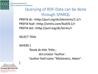 PREFIX dc: <http://purl.org/dc/elements/1.1/>
PREFIX foaf: <http://xmlns.com/foaf/0.1/>
PREFIX dct: <http://purl.org/dc/terms/>
SELECT ?title
WHERE {
?book dc:title ?title ;
dct:creator ?author .
?author foaf:name "Mickiewicz, Adam" .
}
Querying of RDF-Data can be done
through SPARQL
 