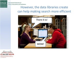 However, the data libraries create
can help making search more efficient
There it is!
WOW!
PhotobyWendtCommons(CCBY):http://www.flickr.com/photos/wendt-library/5190902316/
 