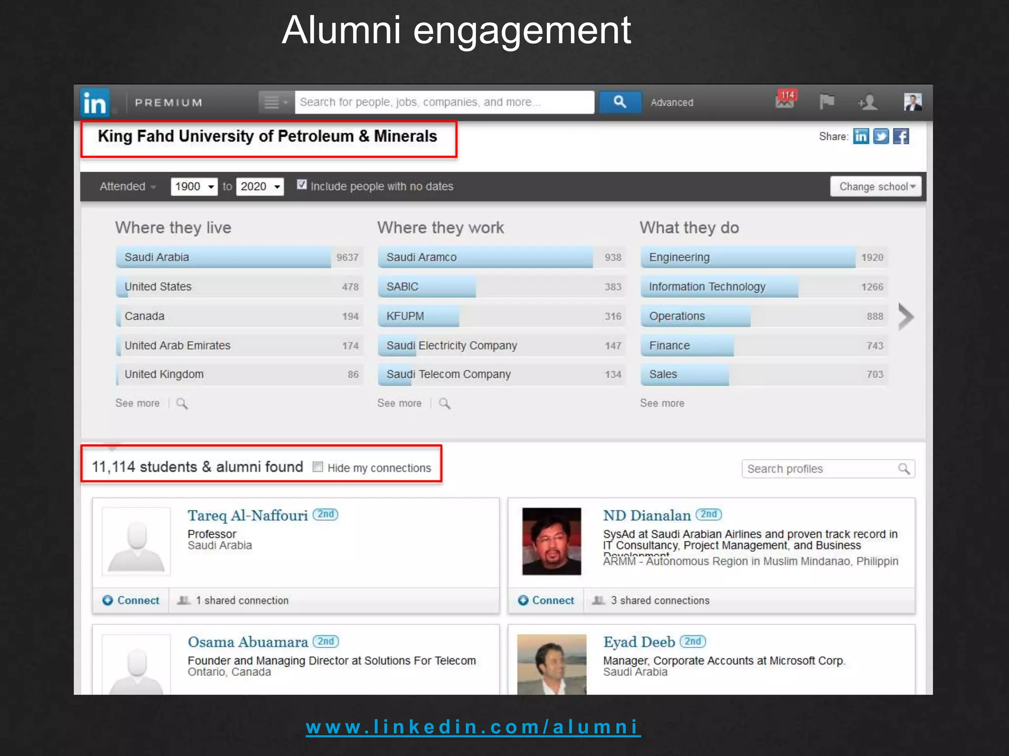 Alumni engagement
w w w . l i n k e d i n . c o m / a l u m n i
 