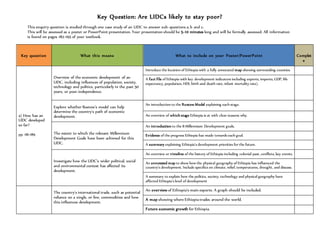 Key Question: Are LIDCs likely to stay poor?
This enquiry question is studied through one case study of an LIDC to answer sub-questions a, b and c.
This will be assessed as a poster or PowerPoint presentation. Your presentation should be 5-10 minutes long and will be formally assessed. All information
is found on pages 182-195 of your textbook.
Key question What this means What to include on your Poster/PowerPoint Complet
e
a) How has an
LIDC developed
so far?
pp. 181-189
Overview of the economic development of an
LIDC, including influences of population, society,
technology and politics, particularly in the past 50
years, or post-independence.
Introduce the location of Ethiopia with a fully annotated map showing surrounding counties.
A fact file of Ethiopia with key development indicators including exports, imports, GDP, life
expectancy, population, HDI, birth and death rate, infant mortality rate).
Explore whether Rostow’s model can help
determine the country’s path of economic
development.
An introduction to the Rostow Model explaining each stage.
An overview of which stage Ethiopia is at with clear reasons why.
The extent to which the relevant Millennium
Development Goals have been achieved for this
LIDC.
An introduction to the 8 Millennium Development goals.
Evidence of the progress Ethiopia has made towards each goal.
A summary explaining Ethiopia’s development priorities for the future.
Investigate how the LIDC’s wider political, social
and environmental context has affected its
development.
An overview or timeline of the history of Ethiopia including colonial past, conflicts, key events.
An annotated map to show how the physical geography of Ethiopia has influenced the
country’s development. Include specifics on climate, relief, temperatures, drought, and disease.
A summary to explain how the politics, society, technology and physical geography have
affected Ethiopia’s level of development
The country’s international trade, such as potential
reliance on a single, or few, commodities and how
this influences development.
An overview of Ethiopia’s main exports. A graph should be included.
A map showing where Ethiopia trades around the world.
Future economic growth for Ethiopia.
 