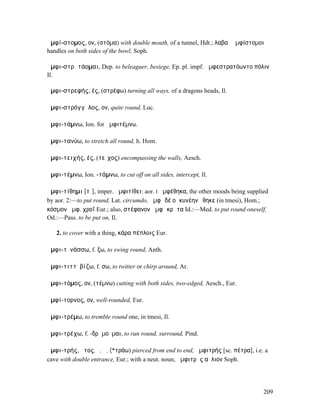 ἀµφί-στοµος, ον, (στόµα) with double mouth, of a tunnel, Hdt.; λαβαὶ ἀµφίστοµοι
handles on both sides of the bowl, Soph.

ἀµφι-στρᾰτάοµαι, Dep. to beleaguer, besiege, Ep. pl. impf. ἀµφεστρατόωντο πόλιν
Il.

ἀµφι-στρεφής, ές, (στρέφω) turning all ways, of a dragons heads, Il.

ἀµφι-στρόγγῠλος, ον, quite round, Luc.

ἀµφι-τάµνω, Ion. for ἀµφιτέµνω.

ἀµφι-τανύω, to stretch all round, h. Hom.

ἀµφι-τειχής, ές, (τεῖχος) encompassing the walls, Aesch.

ἀµφι-τέµνω, Ion. -τάµνω, to cut off on all sides, intercept, Il.

ἀµφι-τίθηµι [τῐ], imper. ἀµφιτίθει: aor. I ἀµφέθηκα, the other moods being supplied
by aor. 2:—to put round, Lat. circumdo, ἀµφὶ δέ οἱ κυνέην ἔθηκε (in tmesi), Hom.;
κόσµον ἀµφ. χροΐ Eur.; also, στέφανον ἀµφὶ κρᾶτα Id.:—Med. to put round oneself,
Od.:—Pass. to be put on, Il.

   2. to cover with a thing, κάρα πέπλοις Eur.

ἀµφι-τῐνάσσω, f. ξω, to swing round, Anth.

ἀµφι-τιττῠβίζω, f. σω, to twitter or chirp around, Ar.

ἀµφι-τόµος, ον, (τέµνω) cutting with both sides, two-edged, Aesch., Eur.

ἀµφί-τορνος, ον, well-rounded, Eur.

ἀµφι-τρέµω, to tremble round one, in tmesi, Il.

ἀµφι-τρέχω, f. -δρᾰµοῦµαι, to run round, surround, Pind.

ἀµφι-τρής, ῆτος, ὁ, ἡ, (*τράω) pierced from end to end, ἀµφιτρής [sc. πέτρα], i.e. a
cave with double entrance, Eur.; with a neut. noun, ἀµφιτρὴς αὔλιον Soph.




                                                                                  209
 
