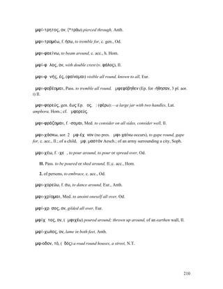 ἀµφί-τρητος, ον, (*τράω) pierced through, Anth.

ἀµφι-τροµέω, f. ήσω, to tremble for, c. gen., Od.

ἀµφι-φαείνω, to beam around, c. acc., h. Hom.

ἀµφί-φᾰλος, ον, with double crest (v. φάλος), Il.

ἀµφι-φᾰνής, ές, (φαίνοµαι) visible all round, known to all, Eur.

ἀµφι-φοβέοµαι, Pass. to tremble all round, ἀµφεφόβηθεν (Ep. for -ήθησαν, 3 pl. aor.
I) Il.


ἀµφι-φορεύς, gen. έως Ep. ῆος, ὁ: (φέρω):—a large jar with two handles, Lat.
amphora, Hom.; cf. ἀµφορεύς.

ἀµφι-φράζοµαι, f. -σοµαι, Med. to consider on all sides, consider well, Il.

ἀµφι-χάσκω, aor. 2 ἀµφ-έχᾰνον (no pres. ἀµφι-χαίνω occurs), to gape round, gape
for, c. acc., Il.; of a child, ἀµφ. µαστόν Aesch.; of an army surrounding a city, Soph.

ἀµφι-χέω, f. -χεῶ, to pour around, to pour or spread over, Od.

   II. Pass. to be poured or shed around, Il.;c. acc., Hom.

   2. of persons, to embrace, c. acc., Od.

ἀµφι-χορεύω, f. σω, to dance around, Eur., Anth.

ἀµφι-χρίοµαι, Med. to anoint oneself all over, Od.

ἀµφί-χρῡσος, ον, gilded all over, Eur.

ἀµφίχῠτος, ον, (ἀµφιχέω) poured around; thrown up around, of an earthen wall, Il.

ἀµφί-χωλος, ον, lame in both feet, Anth.

ἄµφ-οδον, τό, (ὁδός) a road round houses, a street, N.T.




                                                                                      210
 