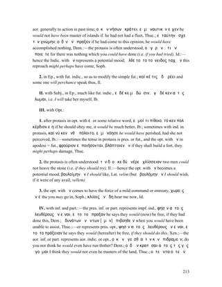 aor. generally to action in past time; οὐκ ἂν νήσων ἐκράτει, εἰ µὴ ναυτικὸν εἶχεν he
would not have been master of islands if. he had not had a fleet, Thuc.; εἰ ταύτην ἔσχε
τὴν γνώµην, οὐδὲν ἂν ἔπραξεν if he had come to this opinion, he would have
accomplished nothing, Dem.:—the protasis is often understood, οὐ γὰρ ἦν ὅ τι ἂν
ἐποιεῖτε for there was nothing which you could have done (i.e. if you had tried), Id.:—
hence the Indic. with ἄν represents a potential mood; ἦλθε τοῦτο τοὔνειδος ταχʼ ἄν this
reproach might perhaps have come, Soph.

   2. in Ep., with fut. indic., so as to modify the simple fut.; καί κέ τις ὧδʼ ἐρέει and
some one will perchance speak thus, Il.

   II. with Subj., in Ep., much like fut. indic., εἰ δέ κε µὴ δώῃσιν, ἐγὼ δέ κεν αὐτὸς
ἕλωµαι, i.e. I will take her myself, Ib.

   III. with Opt.:

    1. after protasis in opt. with εἰ or some relative word, εἴ µοί τι πίθοιο, τό κεν πολὺ
κέρδιον εἴη if he should obey me, it would be much better, Ib.; sometimes with ind. in
protasis, καί νύ κεν ἔνθʼ ἀπόλοιτο, εἰ µὴ νόησε he would have perished, had she not
perceived, Ib.:—sometimes the tense in protasis is pres. or fut., and the opt. with ἄν in
apodosi = fut., φρούριον εἰ ποιήσονται, βλάπτοιεν ἄν if they shall build a fort, they
might perhaps damage, Thuc.

     2. the protasis is often understood: τὸν δʼ οὔ κε δύ̓ ἀνέρε ὀχλίσσειαν two men could
not heave the stone (i.e. if they should try), Il.:—hence the opt. with ἄν becomes a
potential mood, βουλοίµην ἄν I should like, Lat. velim (but ἐβουλόµην ἄν I should wish,
if it were of any avail, vellem).

   3. the opt. with ἄν comes to have the force of a mild command or entreaty, χωροῖς
ἂν εἴσω you may go in, Soph.; κλύοις ἂν ἤδη hear me now, Id.

    IV. with inf. and part.:—the pres. inf. or part. represents impf. ind., φησὶν αὐτοὺς
ἐλευθέρους ἂν εἶναι, εἰ τοῦτο ἔπραξαν he says they would (now) be free, if they had
done this, Dem.; ἀδυνάτων ἂν ὄντων [ὑµῶν] ἐπιβοηθεῖν when you would have been
unable to assist, Thuc.;—or represents pres. opt., φησὶν αὐτοὺς ἐλευθέρους ἂν εἶναι, εἰ
τοῦτο πράξειαν he says they would (hereafter) be free, if they should do this, Xen.;—the
aor. inf. or part. represents aor. indic. or opt., οὐκ ἂν ἡγεῖσθʼ αὐτὸν κἂν ἐπιδραµεῖν; do
you not think he would even have run thither? Dem.; οὐδʼ ἂν κρατῆσαι αὐτοὺς τῆς γῆς
ἡγοῦµαι I think they would not even be masters of the land, Thuc.; οὔτε ὄντα οὔτε ἂν



                                                                                            213
 